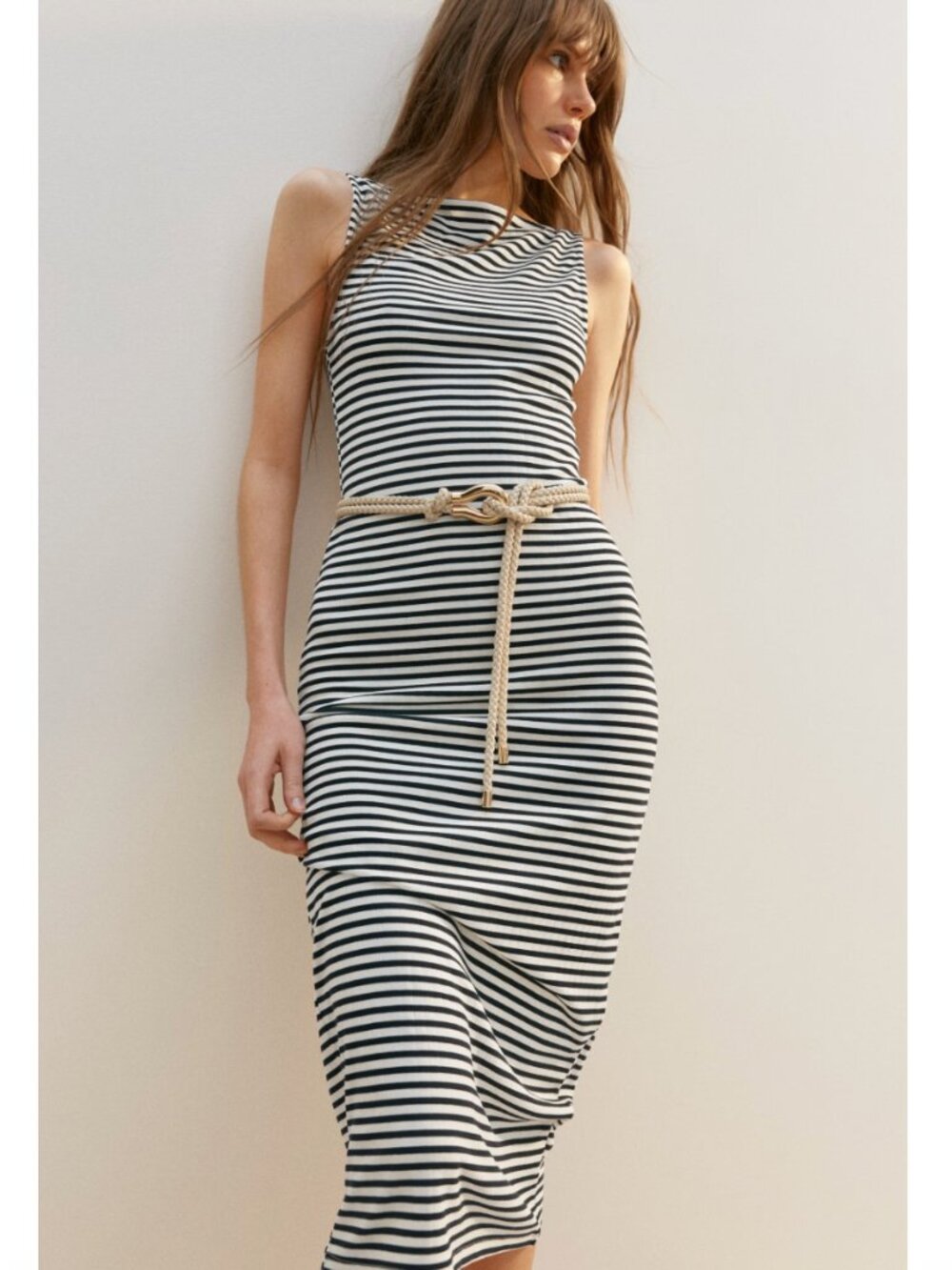 H&M Women's Ribbed Jersey Midi Dress M Bodycon Black White Stripe Boat Neck NWT